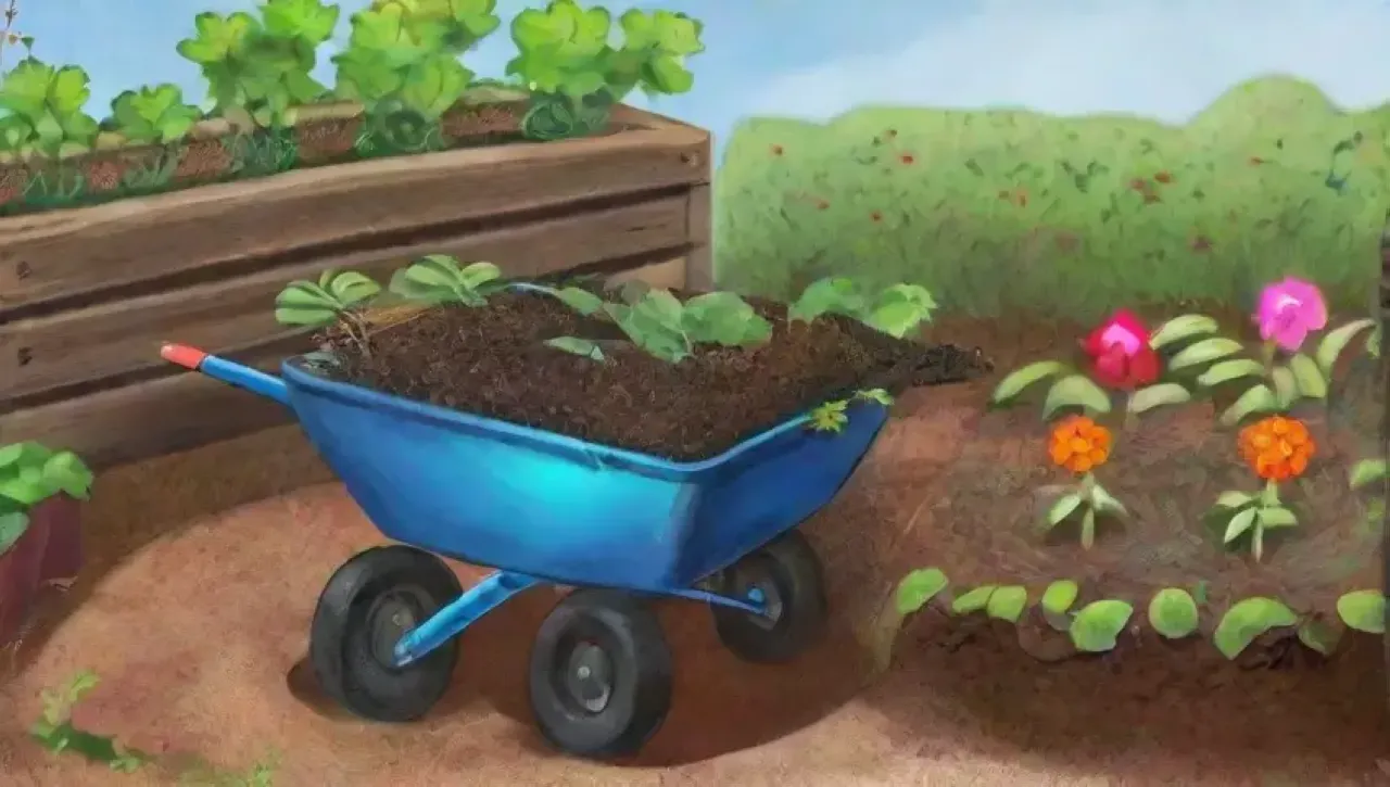 Un jardín vibrante y lleno de vida, con hojas verdes, flores coloridas y aromas ricos