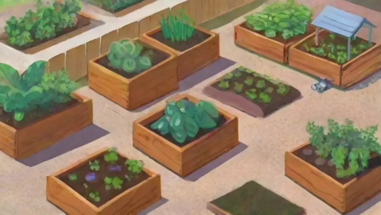Un jardín urbano vibrante y sostenible con vegetales coloridos y comunidad trabajando en armonía