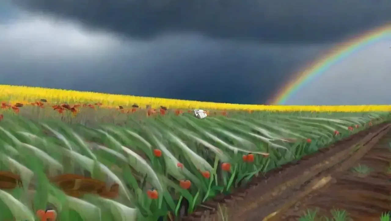 Un paisaje agrícola vibrante y húmedo bajo un cielo azul con un arcoíris