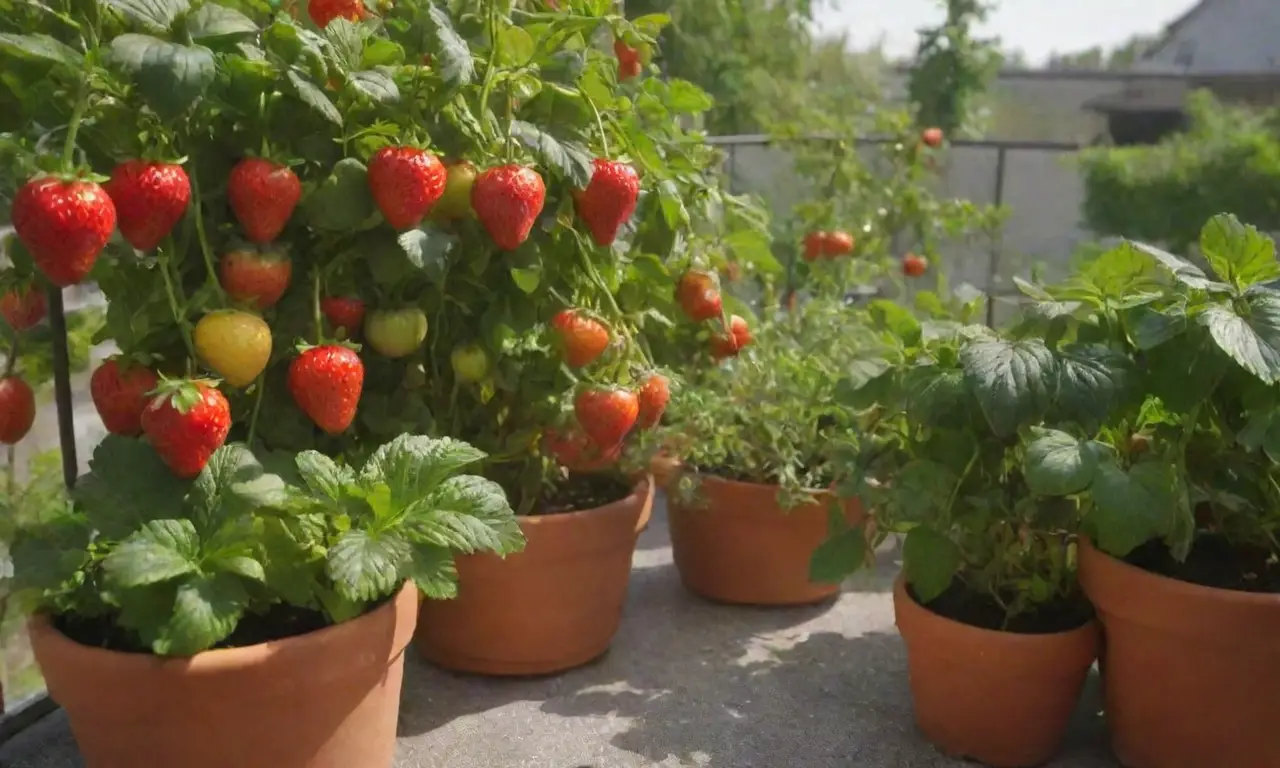 Un vibrante jardín de balcón con plantas frutales y hierbas