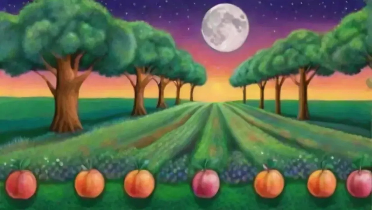 Un paisaje rural sereno con luna llena, campos verdes y la promesa de una cosecha