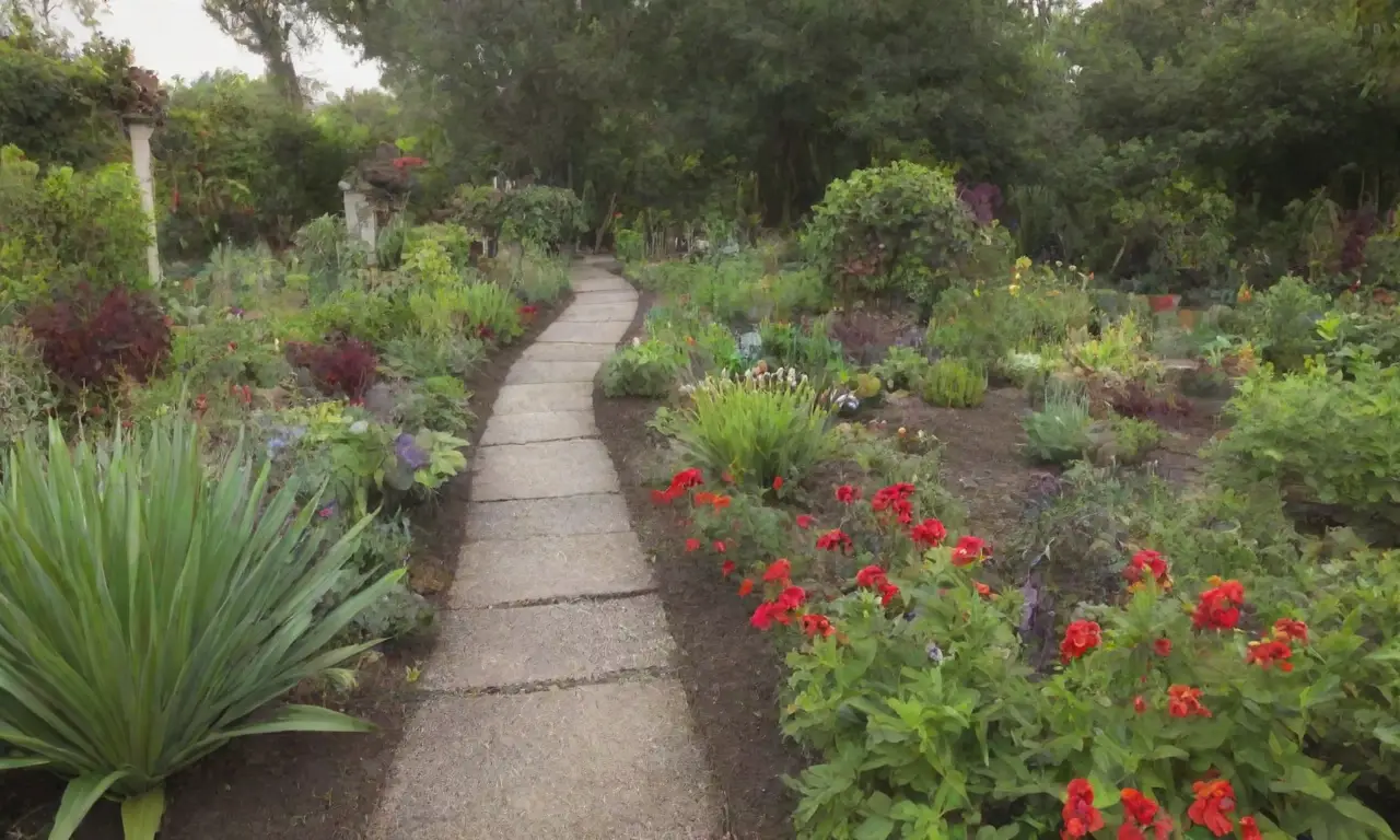 Jardín multicultural con plantas diversas, colaboración comunitaria y prácticas sostenibles
