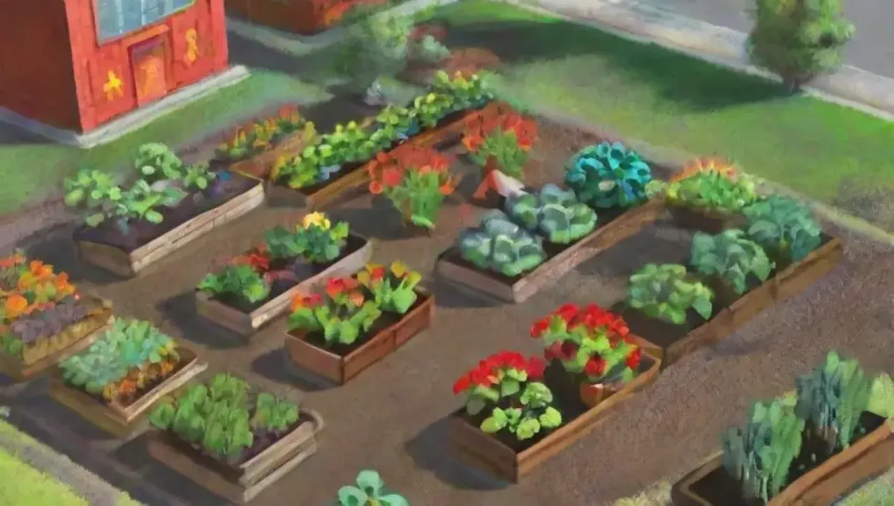 Un vibrante huerto urbano florece con cultivos diversos, comunidad activa y armonía entre naturaleza y ciudad