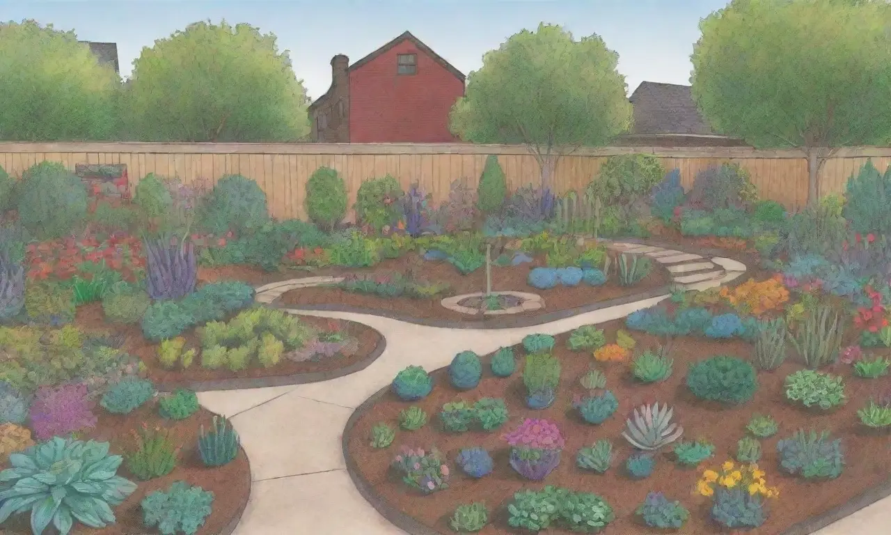 Diseño de jardín accesible con colores vibrantes, plantas diversas y espacios inclusivos