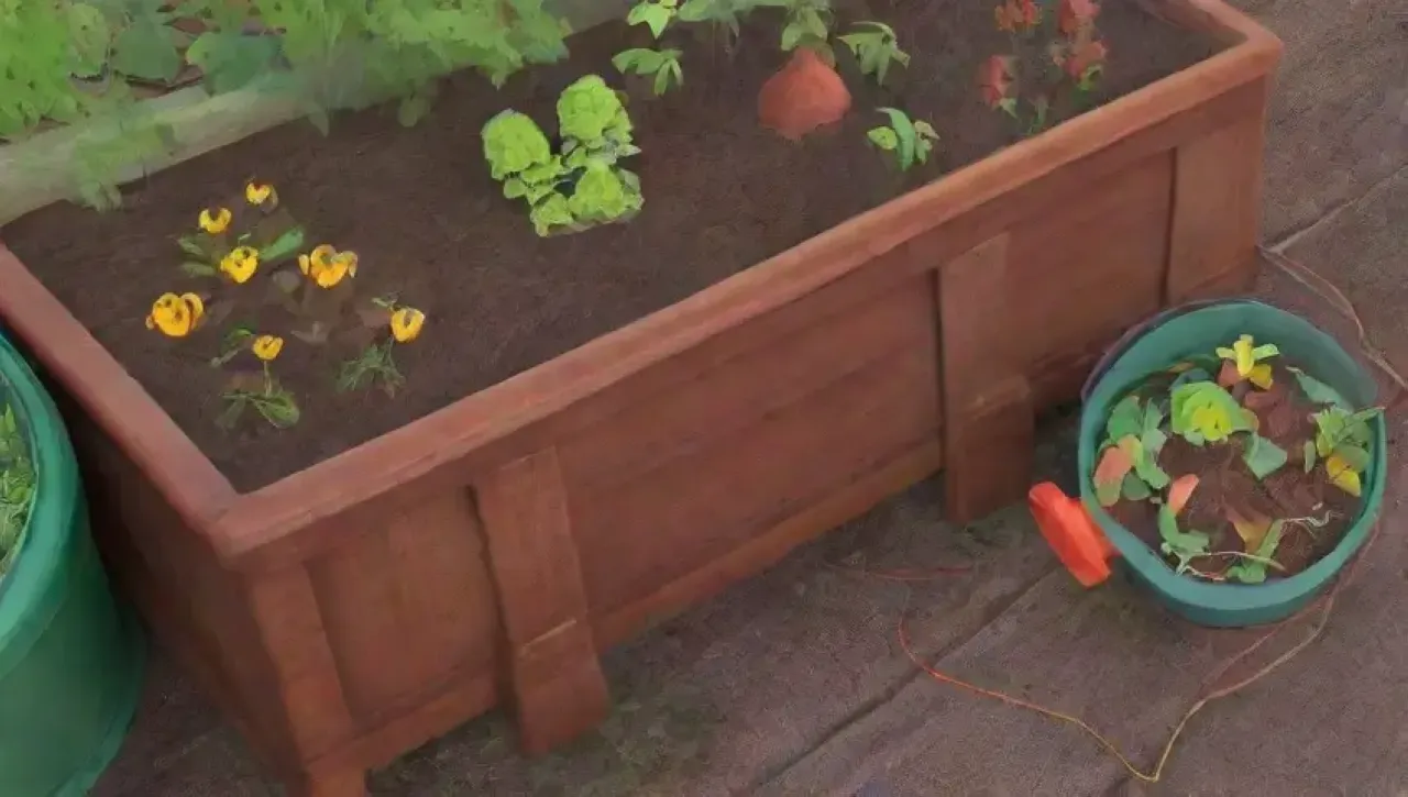Un jardín vibrante y sereno con compostaje en acción