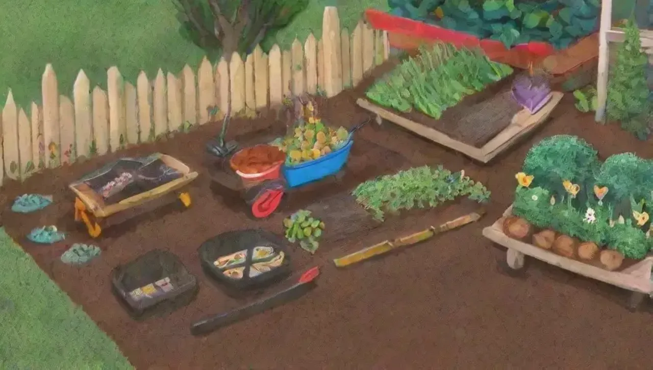 Un jardín vibrante con tierra rica, brotes verdes, flores delicadas y un ecosistema próspero