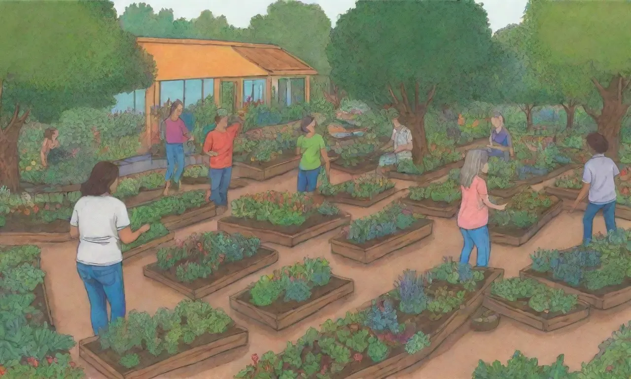 Colores vibrantes en un jardín comunitario donde la gente colabora y crea
