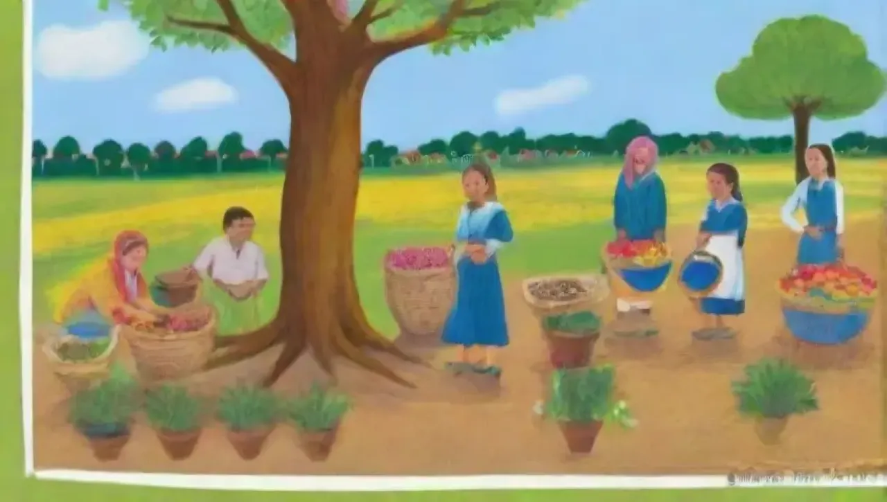 Un vibrante paisaje comunitario lleno de vida, cultivo, aprendizaje y esperanza