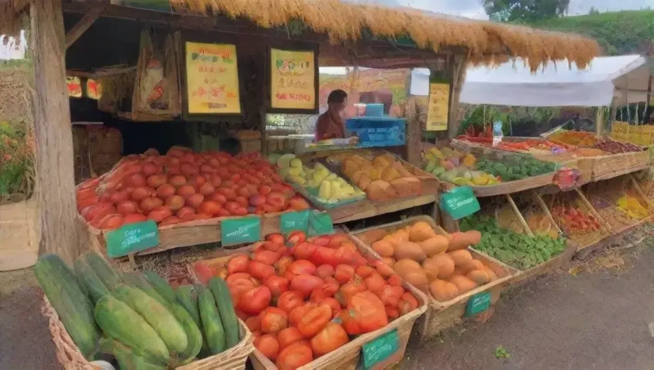 Un mercado vibrante y comunitario lleno de productos frescos y coloridos