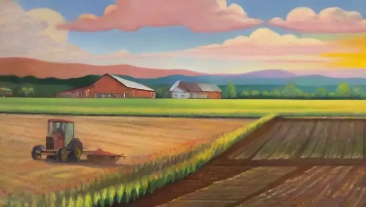 Campos vibrantes con agricultores trabajando, naturaleza en cambio y esperanza compartida