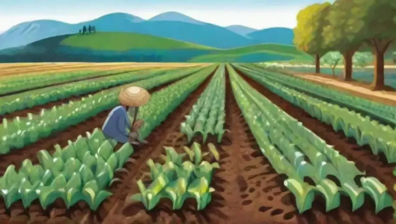 Un paisaje agrícola vibrante y abundante con cultivos saludables y naturaleza en plena vida