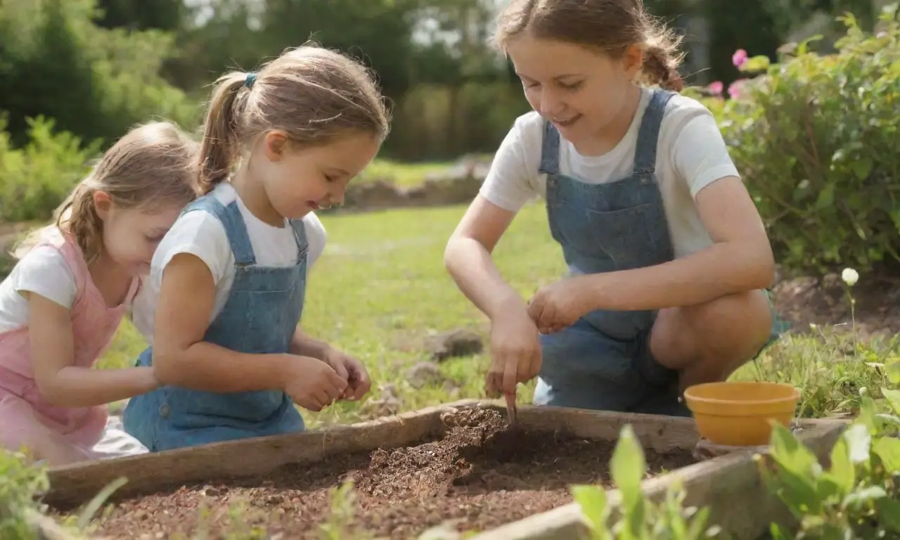 Escena de jardín vibrante con niños plantando semillas y aprendiendo sobre la naturaleza