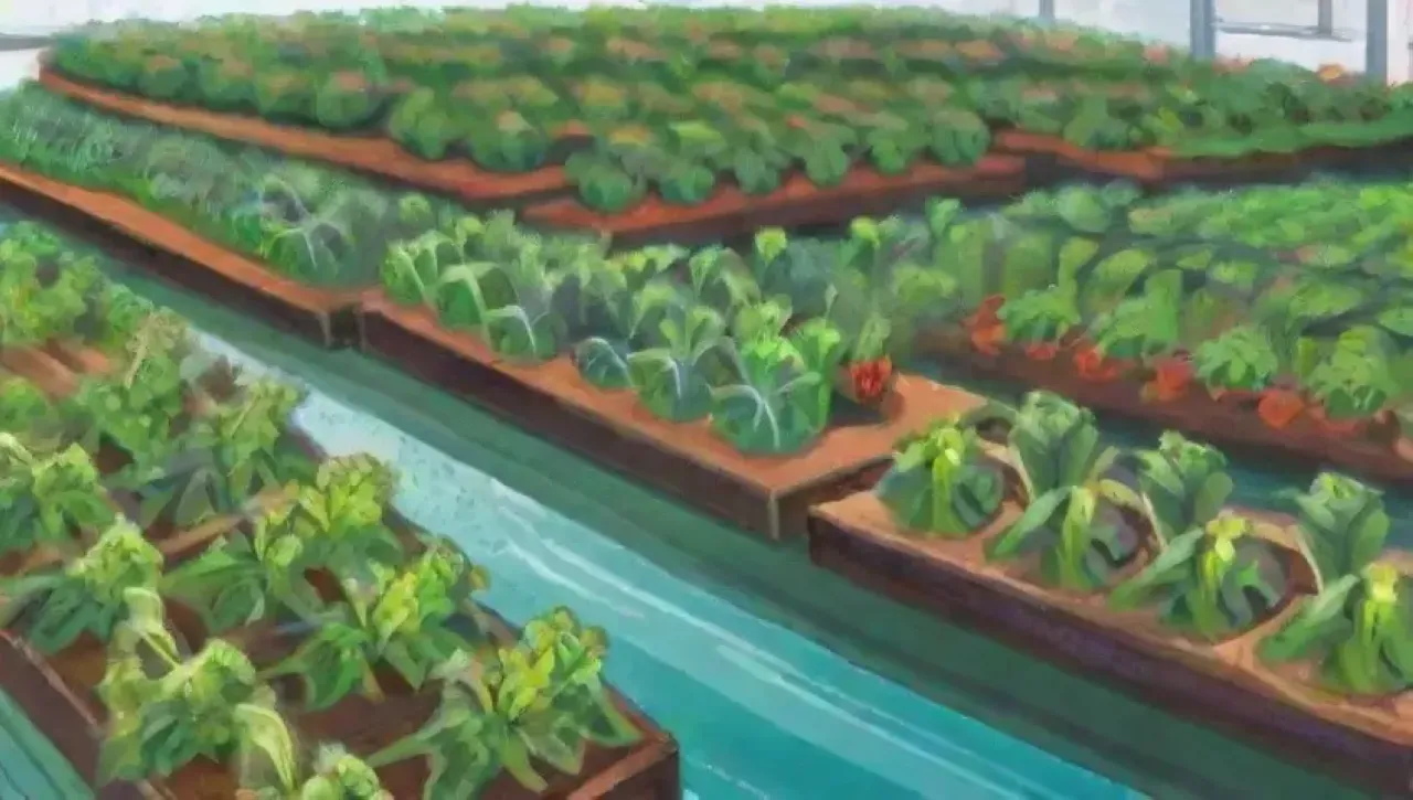 Un ecosistema vibrante y sostenible de plantas en hidroponía, lleno de colores y armonía