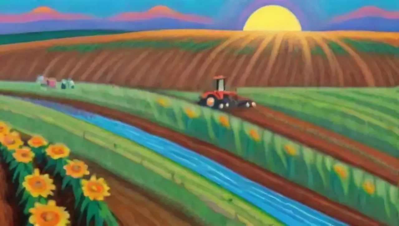 Un paisaje agrícola vibrante con campos verdes, agua brillando, montañas lejanas y un atardecer anaranjado