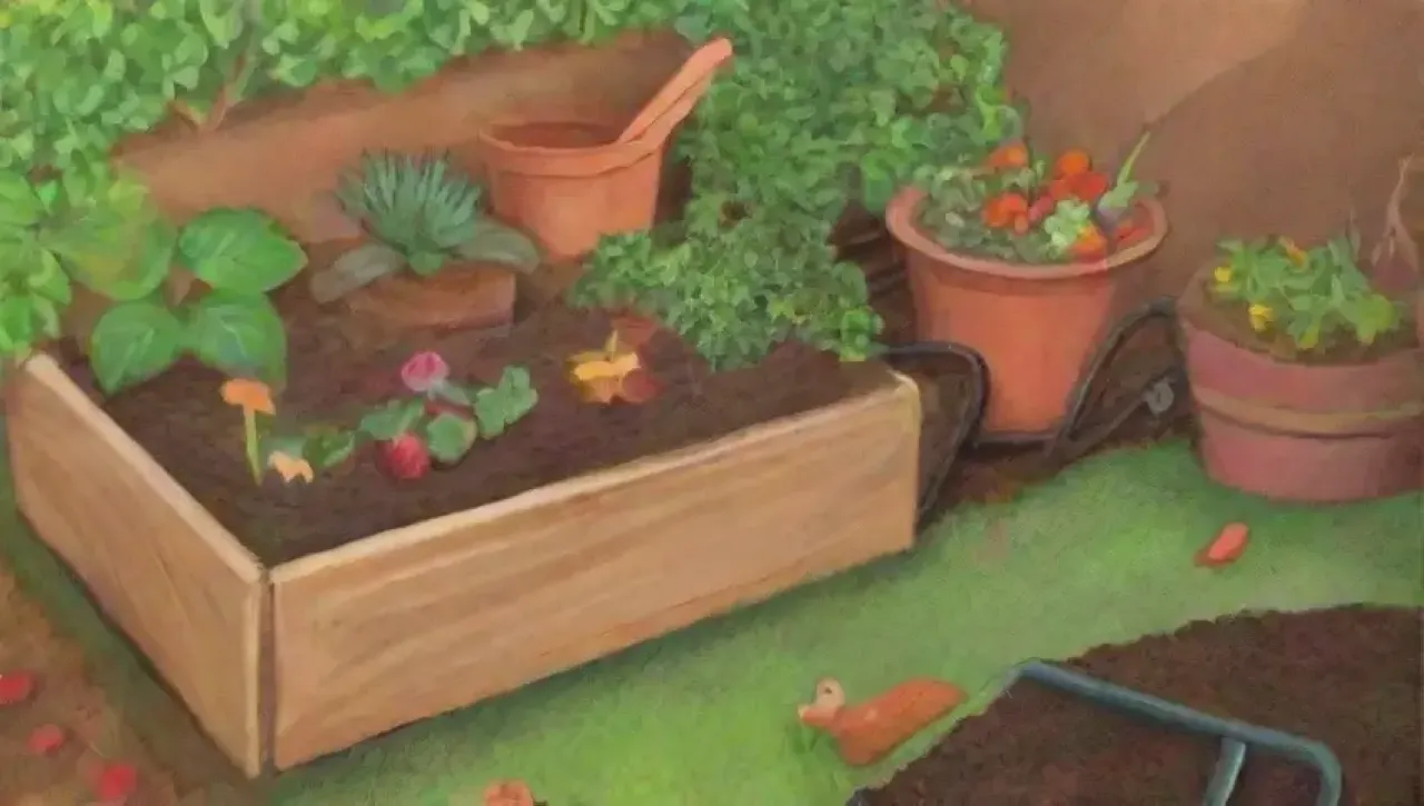 Un jardín vibrante y acogedor con compost, plantas, flores y una familia trabajando felizmente