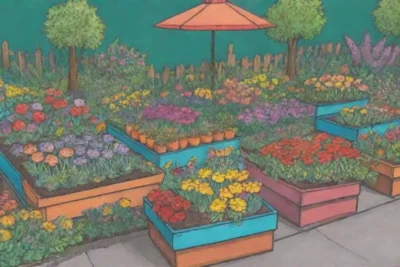 Jardín de flores vibrantes y creativas en un pequeño espacio