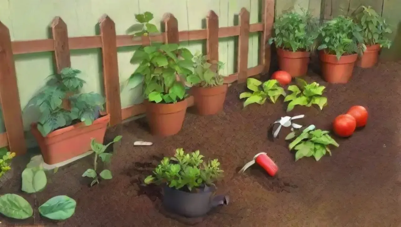 Un jardín vibrante y armonioso con hojas verdes, suelo marrón, flores brillantes y vegetales creciendo