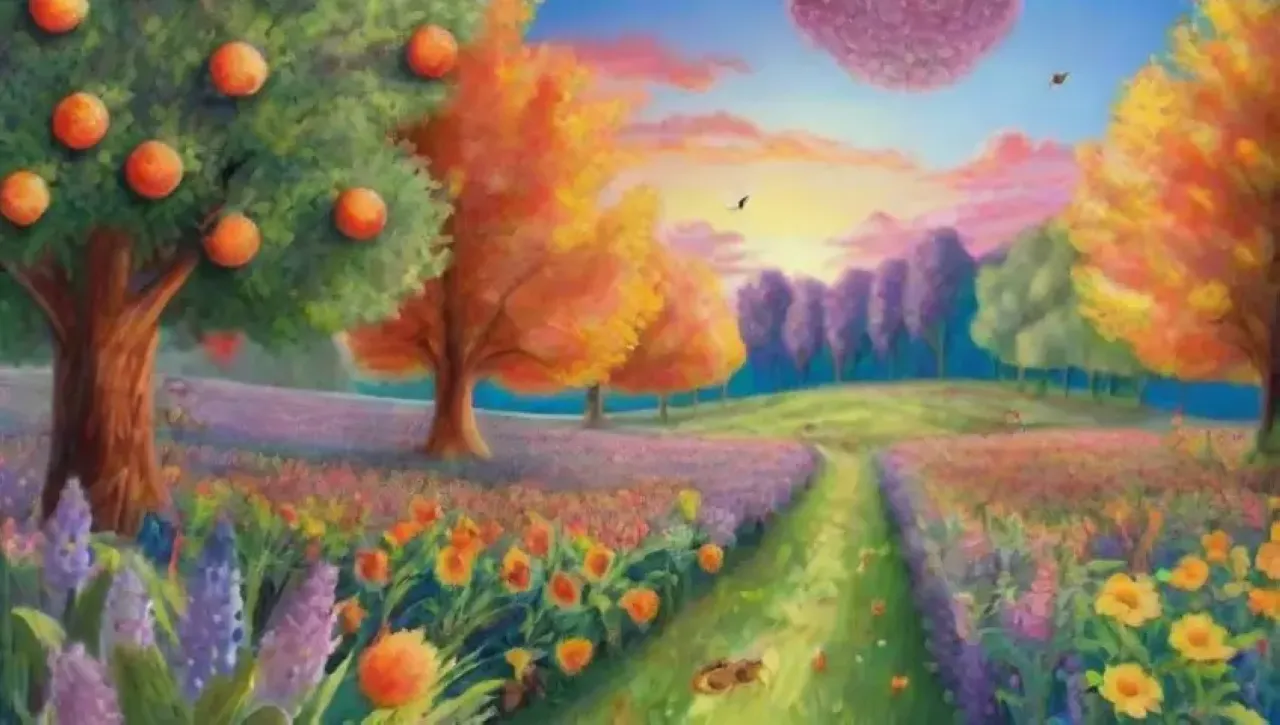 Un paisaje vibrante de flores, frutas y naturaleza en armonía al atardecer