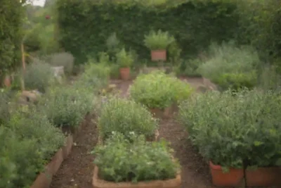 Jardín verde con materiales reciclados y cultivos de hierbas sostenibles