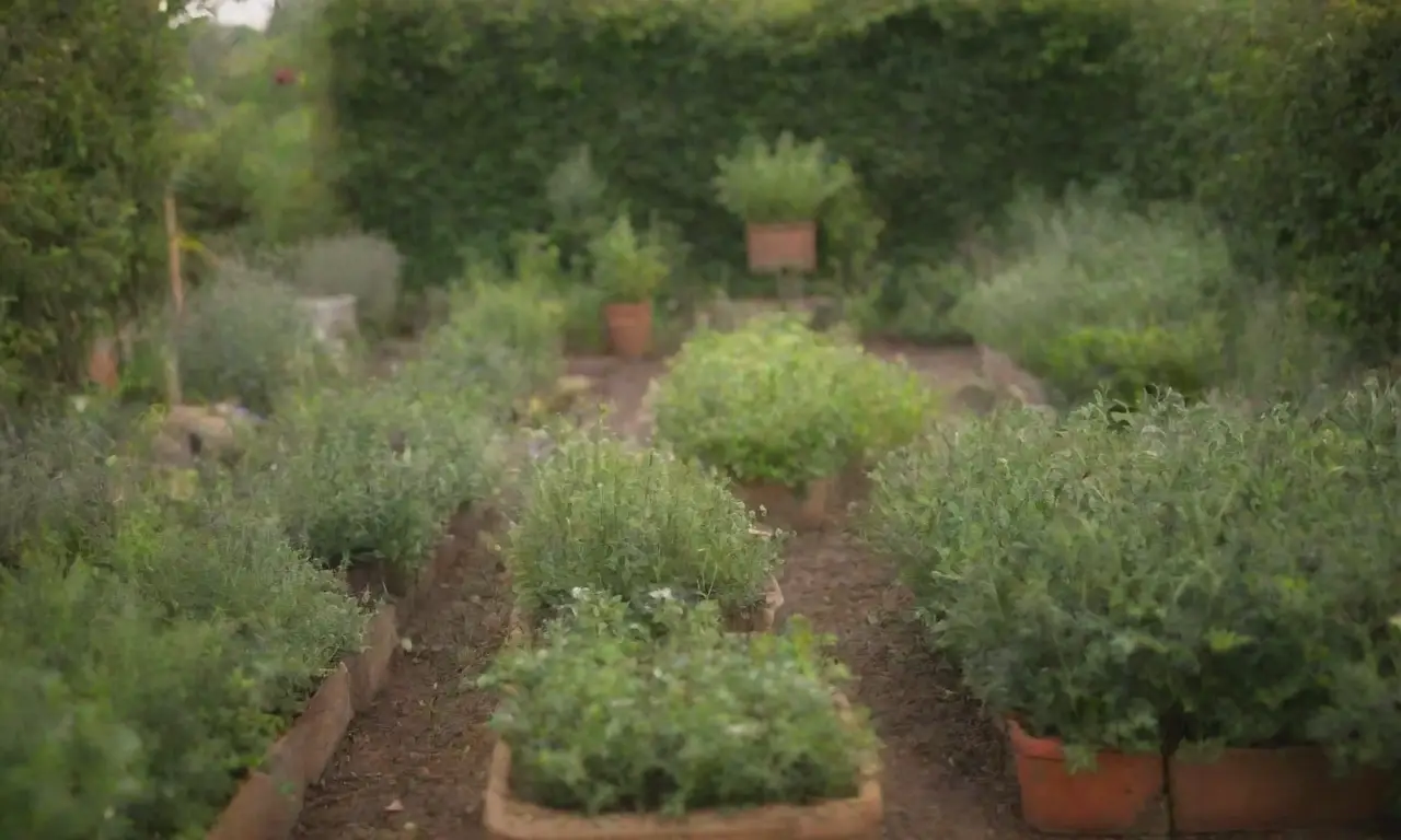 Jardín verde con materiales reciclados y cultivos de hierbas sostenibles