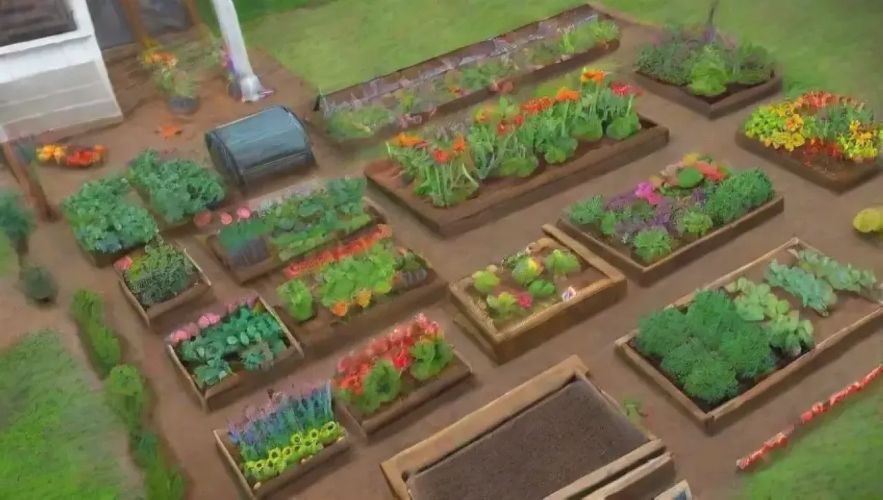 Un jardín vibrante y sostenible lleno de vida y cosechas