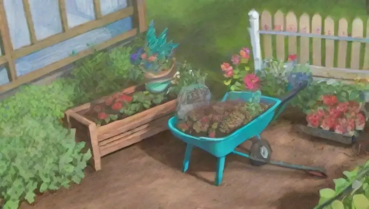 Un jardín vibrante con plantas verdes, flores coloridas y un jardinero podando bajo un cielo azul
