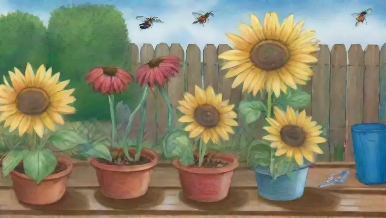 Un jardín de verano vibrante lleno de flores, insectos y desafíos naturales