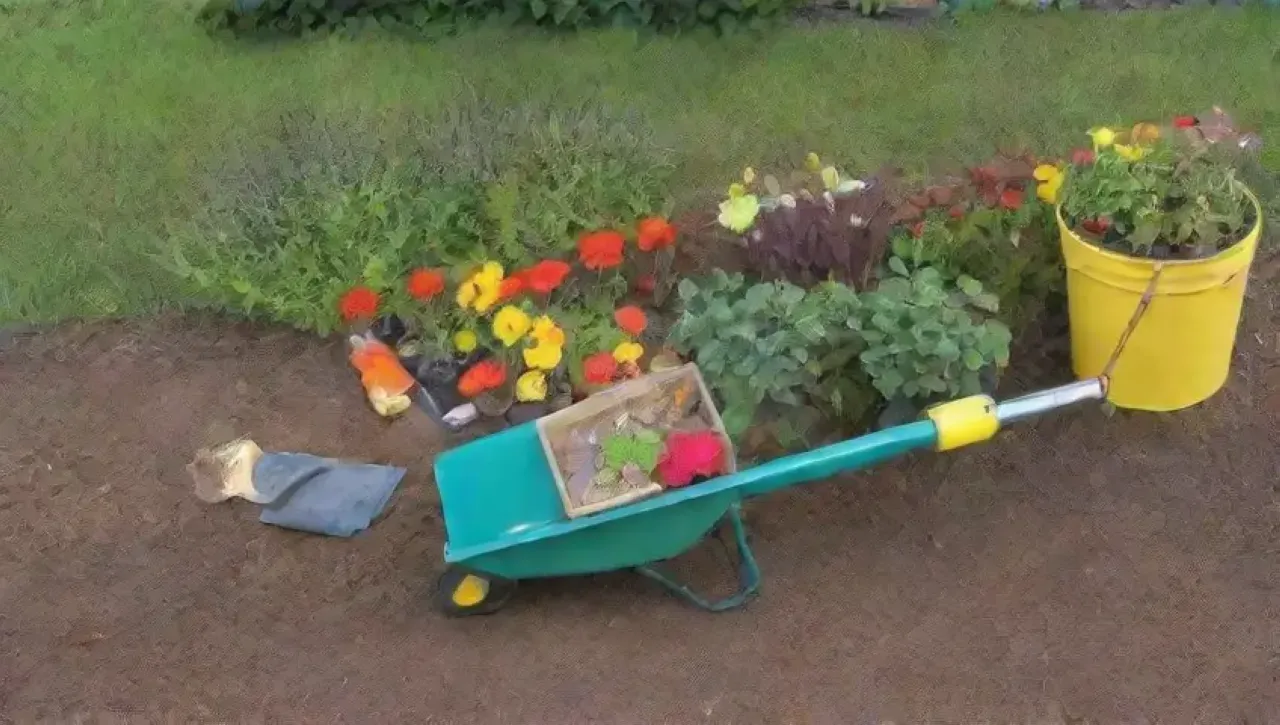 Un jardín vibrante con herramientas y plantas coloridas