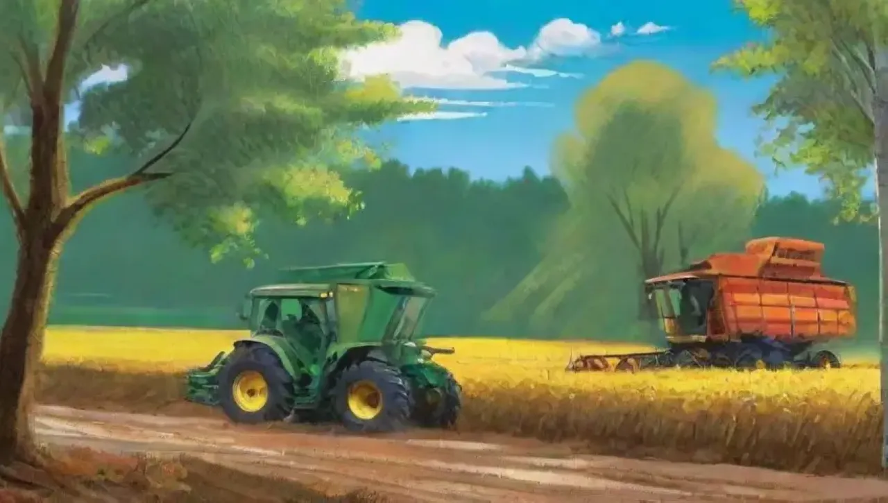 Campos verdes vibrantes con cosechadoras brillantes y agricultores concentrados en un día soleado