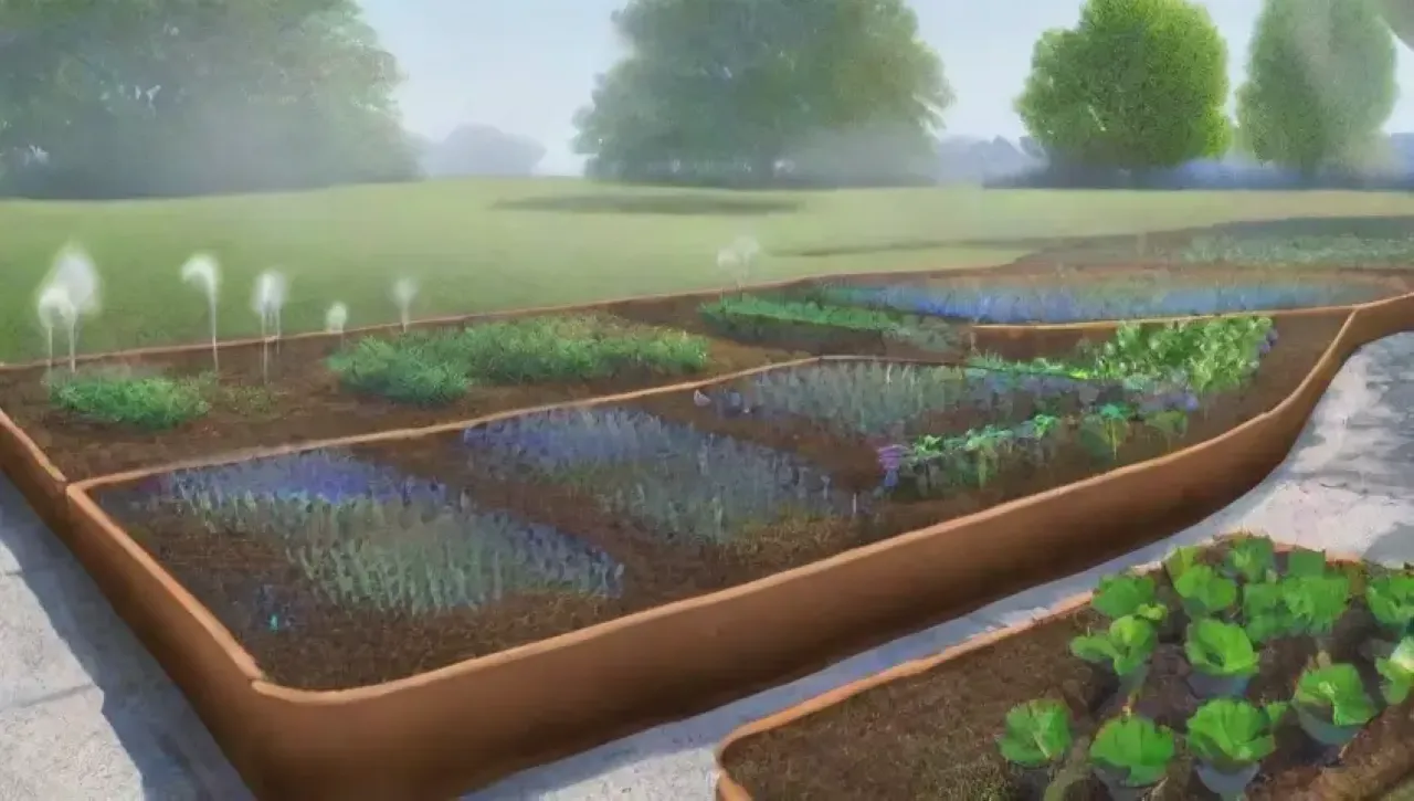 Un paisaje agrícola vibrante y armonioso con campos verdes, flores coloridas y un sistema de riego eficiente
