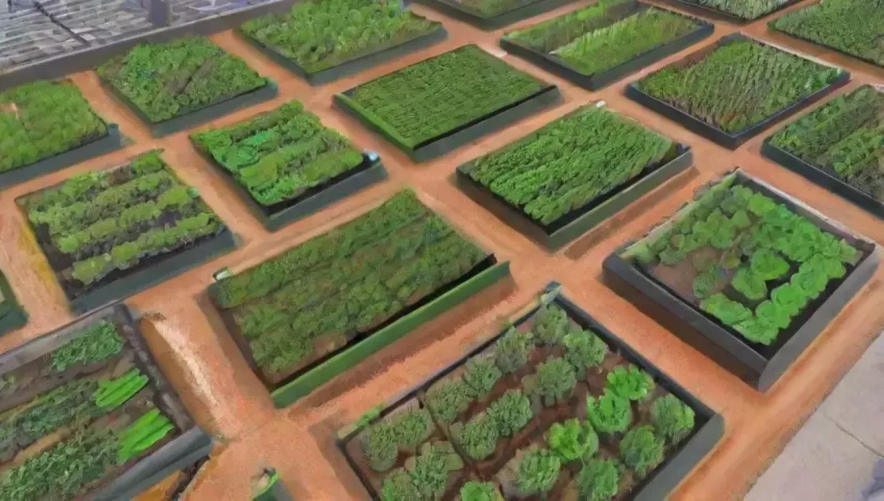 Un jardín urbano vibrante con drones, flores, verduras y tecnología en armonía