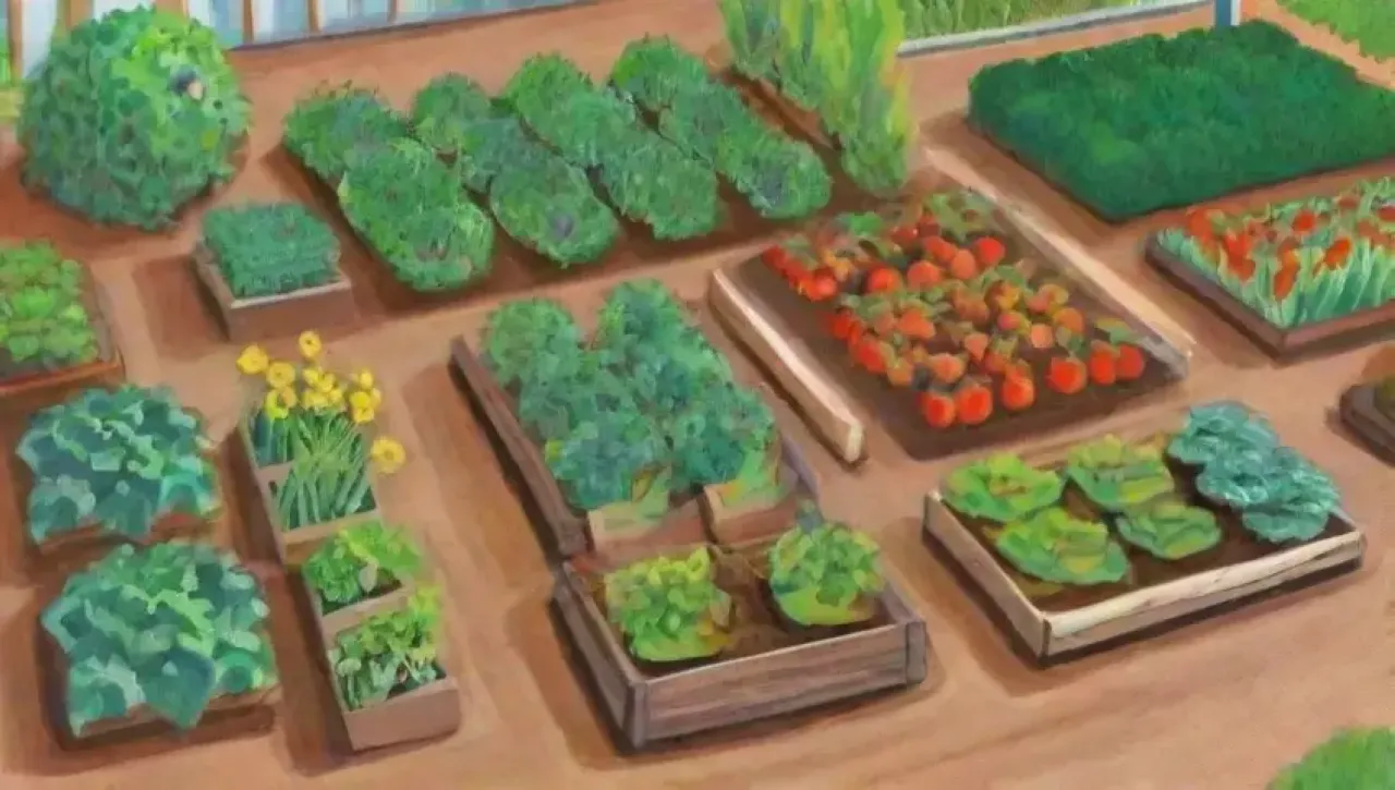 Un jardín vibrante y sostenible lleno de vegetales, flores y vida