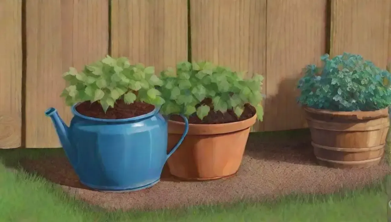 Un jardín vibrante con hojas de uva, flores coloridas y herramientas dispersas bajo un cielo azul
