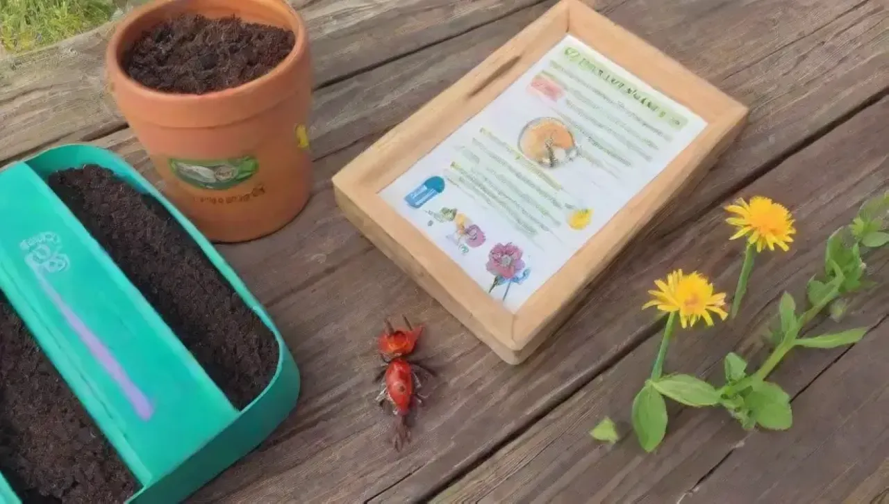 Un vibrante jardín de verano lleno de colores, insectos y herramientas de jardinería