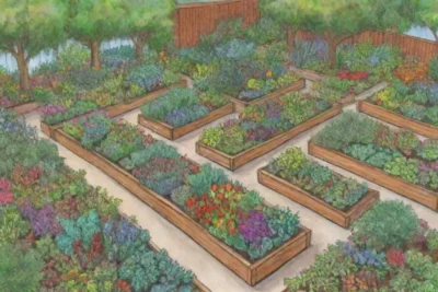 Jardín sostenible con vegetación vibrante y hábitats que atraen polinizadores
