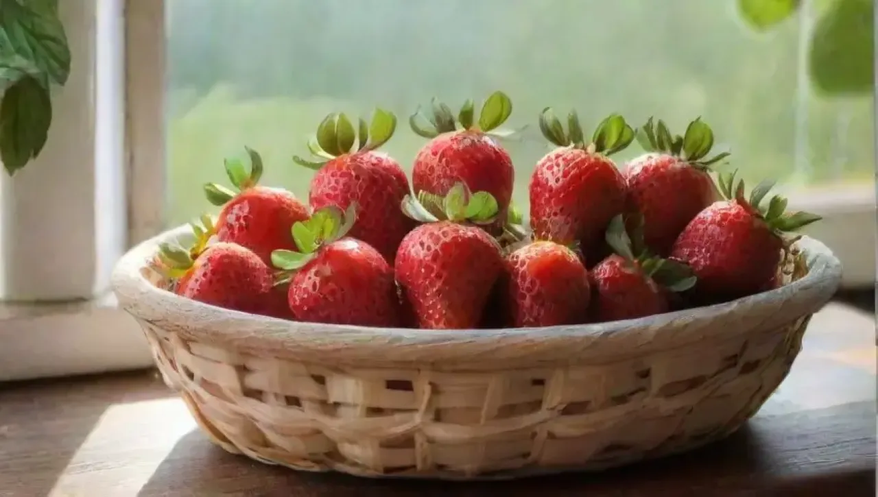 Fresas rojas brillantes en una cesta sobre una mesa rústica, con un ambiente cálido y acogedor