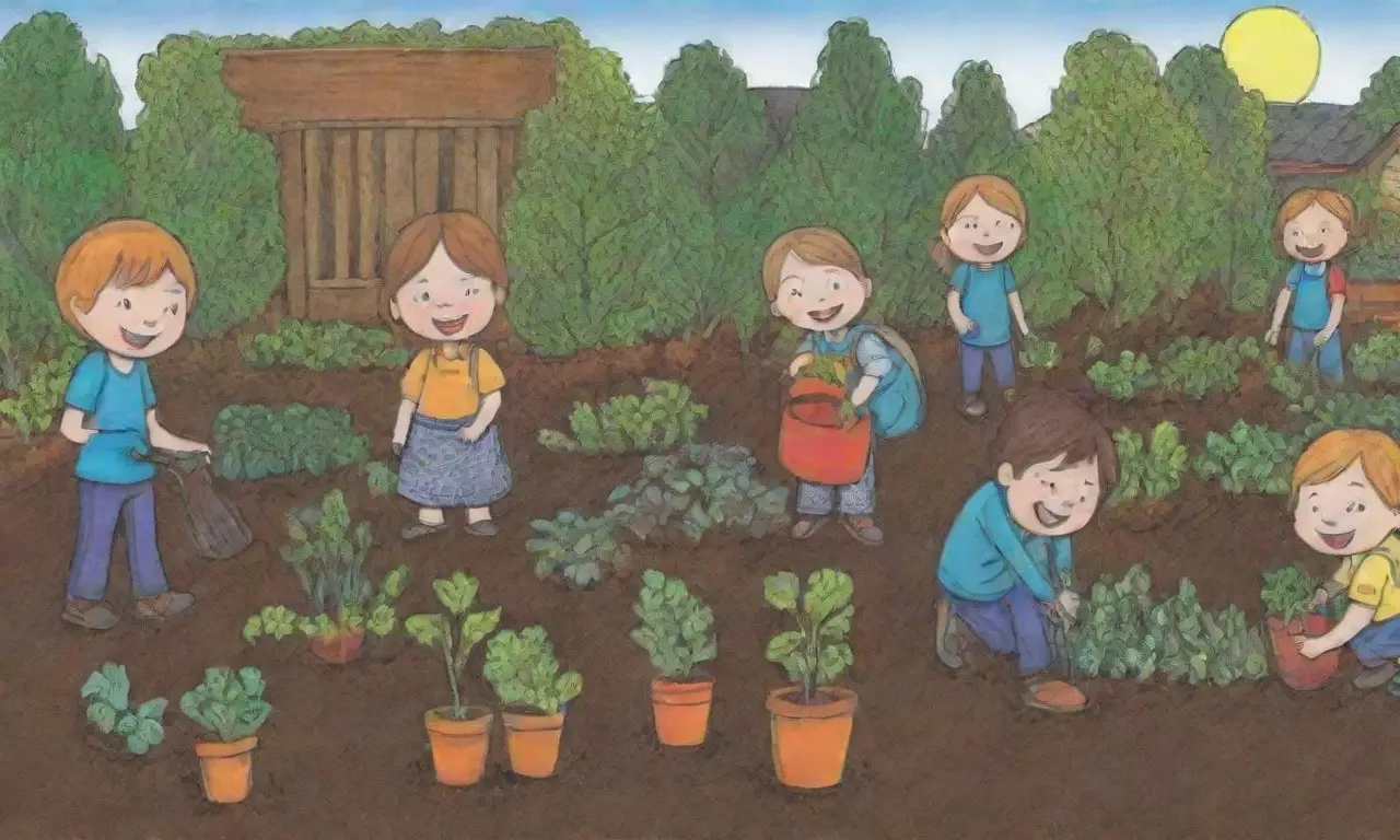 Estudiantes aprenden en el jardín con vegetales vibrantes, trabajando en equipo