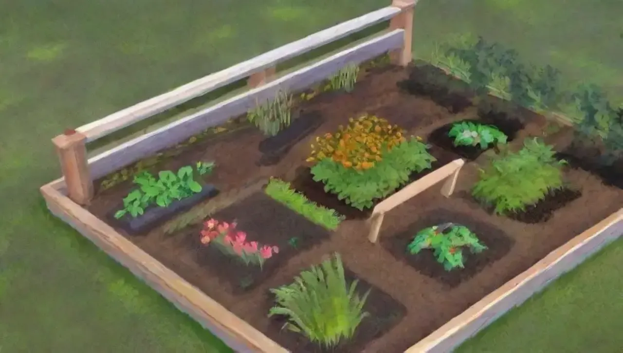 Un jardín vibrante lleno de hojas verdes, flores, hierbas y vegetales