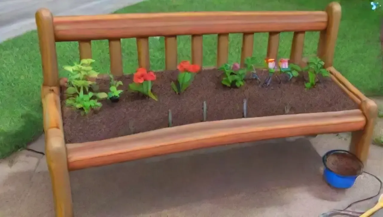 Un jardín vibrante con plantas, herramientas de jardinería, flores, mariposas y un cielo azul