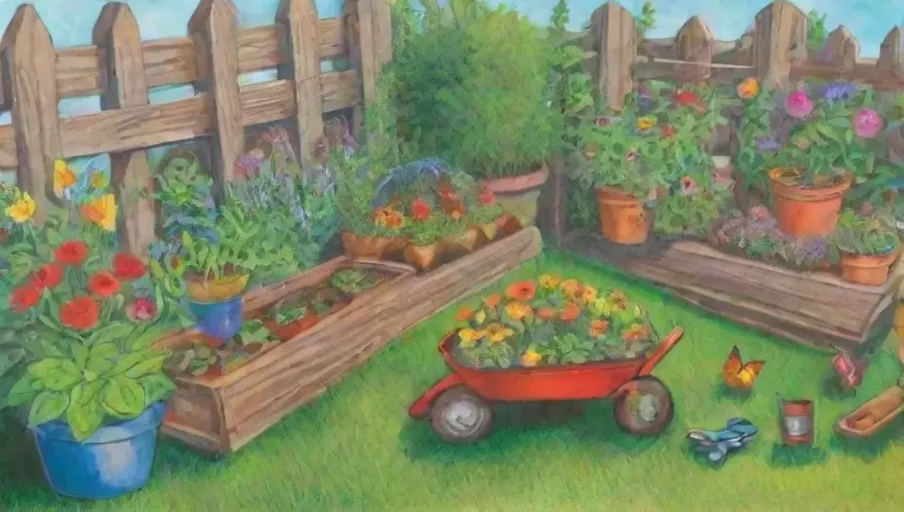 Un jardín vibrante y sereno lleno de plantas, flores, herramientas y vida