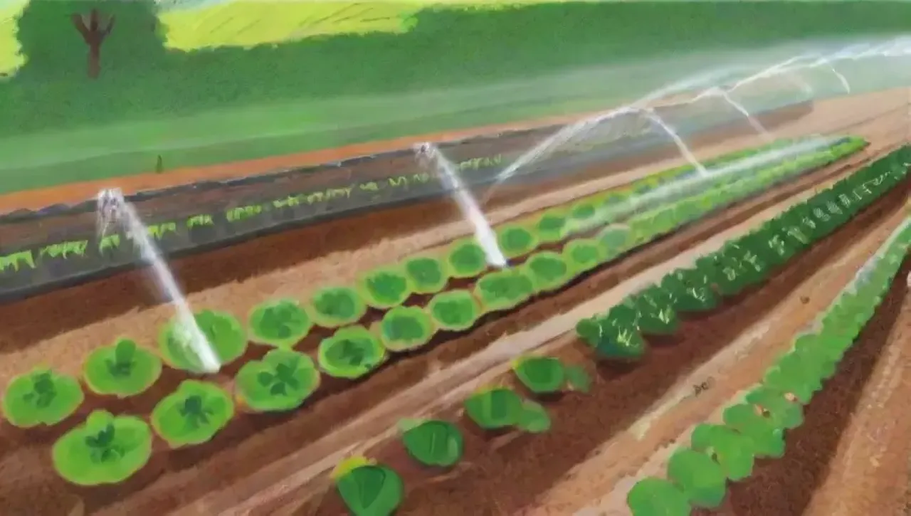 Un paisaje agrícola vibrante con campos verdes, vegetales, flores y sistemas de riego en armonía