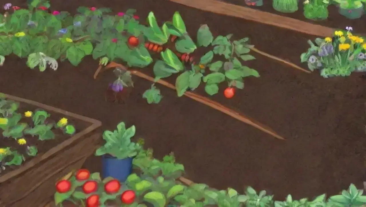 Un jardín vibrante con hojas verdes, suelo marrón, vegetales coloridos y la abundancia de la naturaleza