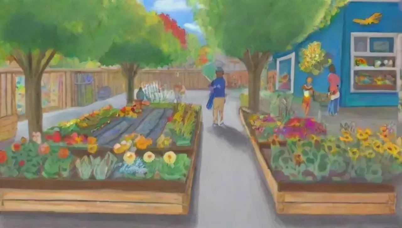 Un jardín comunitario vibrante y lleno de vida con personas colaborando y disfrutando de la cosecha