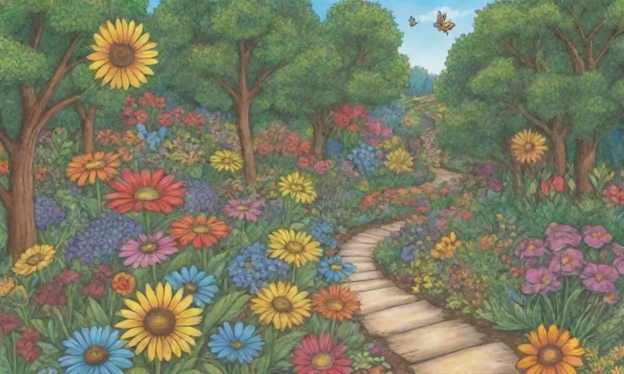 Polinizadores zumbando entre flores vibrantes y plantas diversas en un jardín radiante