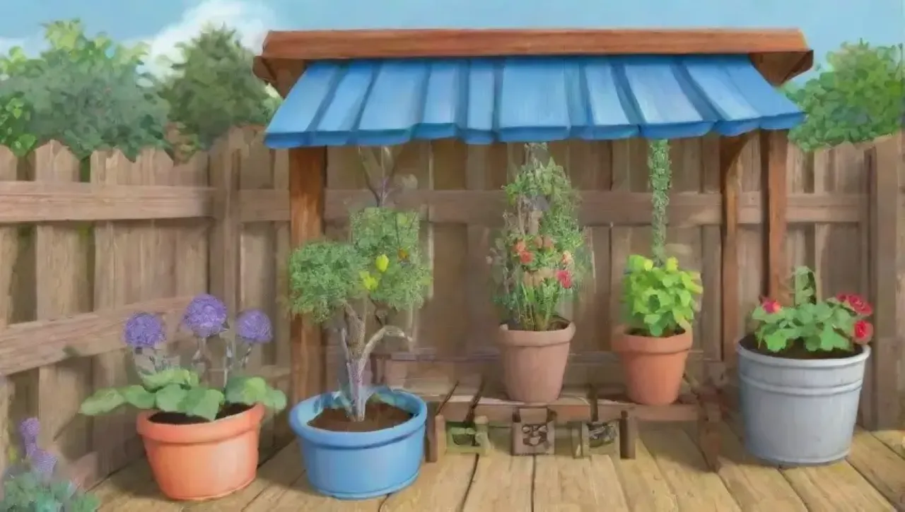 Un jardín vibrante y sostenible lleno de plantas, flores y herramientas, bajo un cielo azul