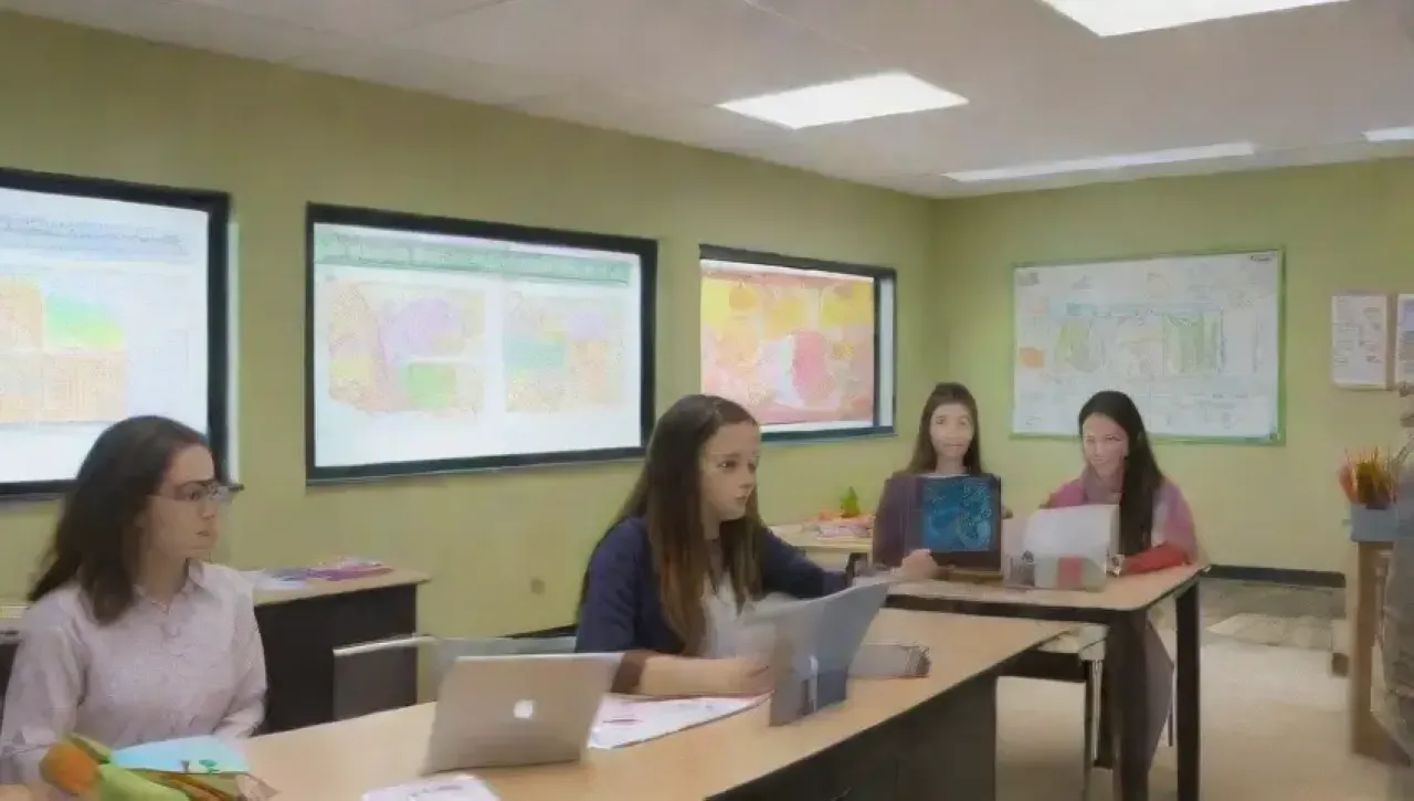Un aula vibrante y luminosa donde estudiantes colaboran con tecnología y recursos agrícolas