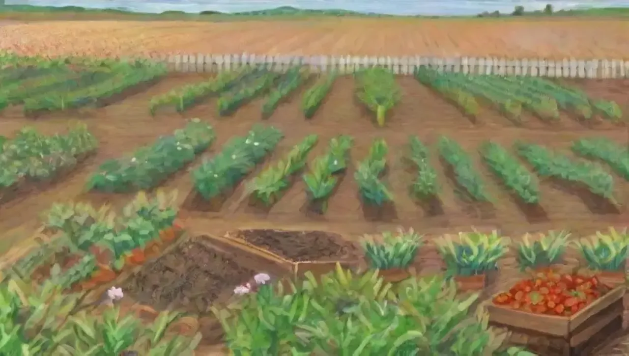 Un paisaje rural vibrante con campos verdes, cultivos, flores silvestres y una armonía entre la naturaleza y la agricultura