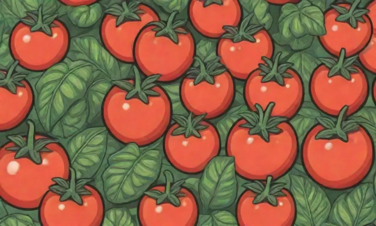 Tomates coloridos y hojas vibrantes en un jardín veraniego