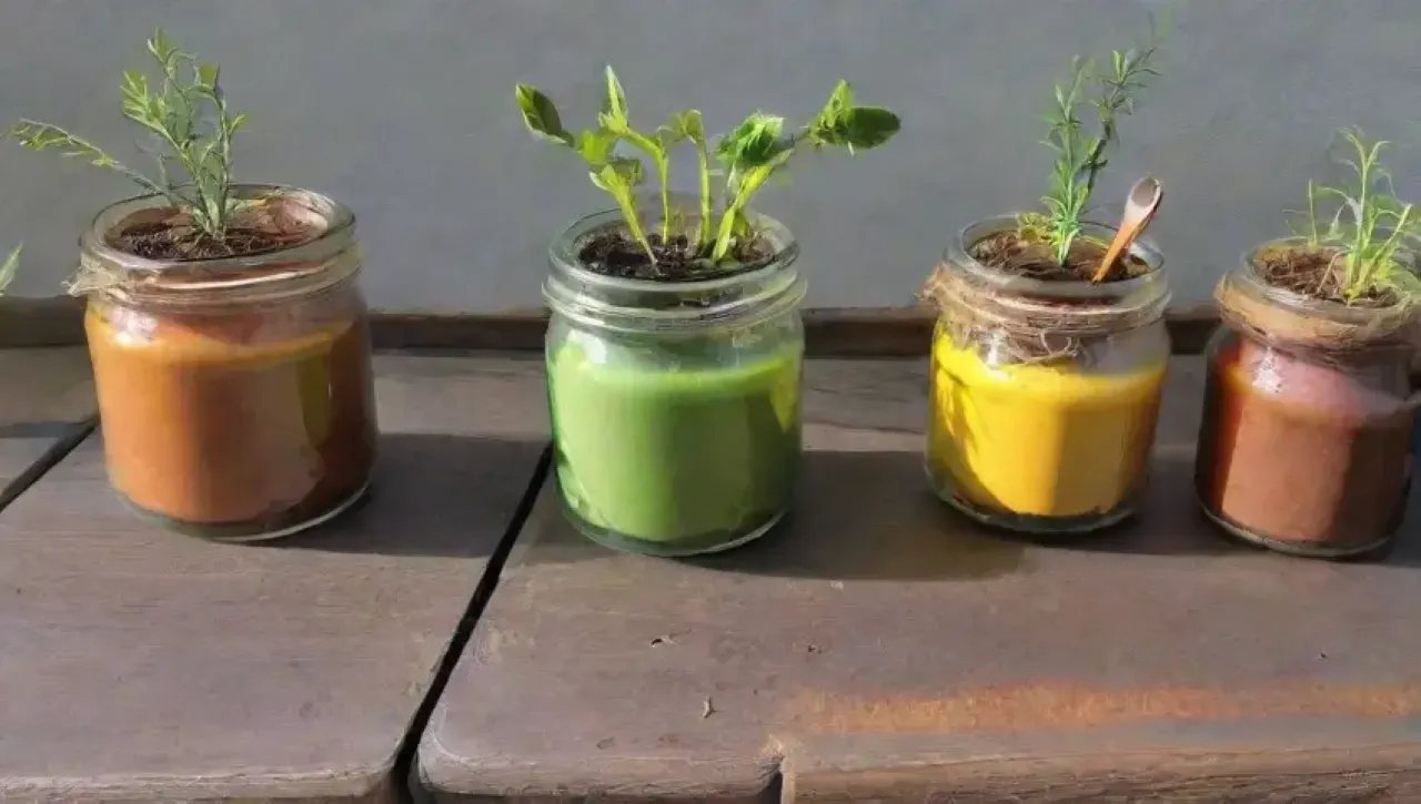 Frascos de vidrio brillan al sol entre plántulas verdes y herramientas de jardinería en una mesa rústica