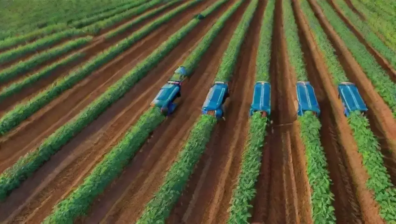 Un paisaje agrícola futurista donde la tecnología y la naturaleza se integran armoniosamente